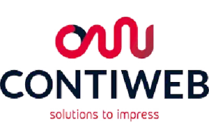 Logo with stylized red and pink C above blue text CONTIWEB and red text solutions to impress beneath.